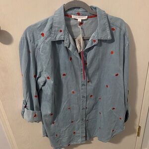 Blue Button-Up Shirt with Red Heart Accents